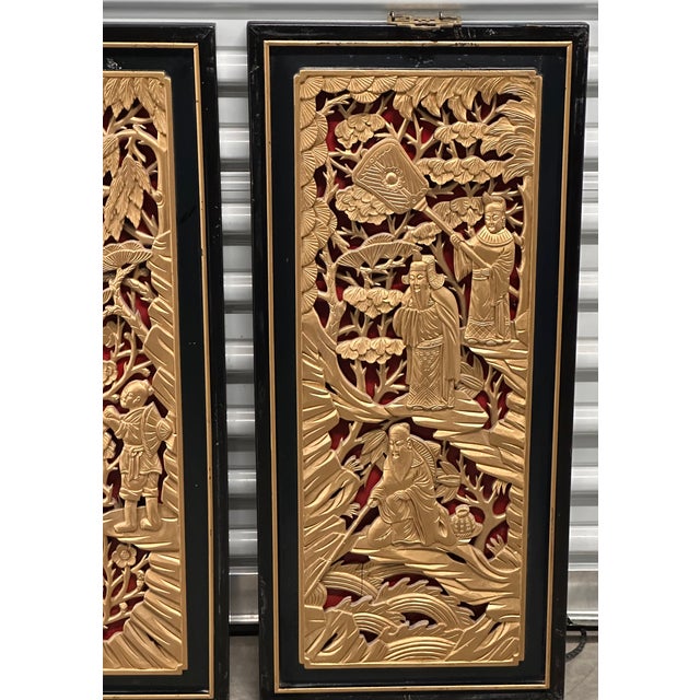 Chinese Gilded Hand-Carved Wood Lacquer Scholars Relief Wall Decor Panel Set For Sale - Image 11 of 12