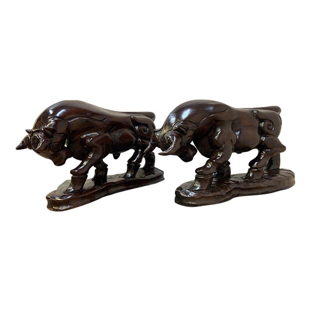 Vintage Spanish Carved Charging Bull Statue - Pair For Sale