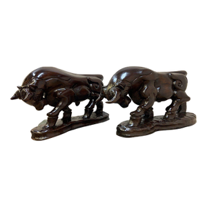 Vintage Spanish Carved Charging Bull Statue - Pair