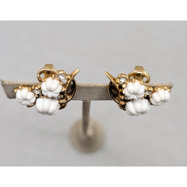 1950s Vintage Signed Crown Trifari White Melon Shaped Rhinestones Clip Earrings- 2 Pieces For Sale - Image 5 of 7