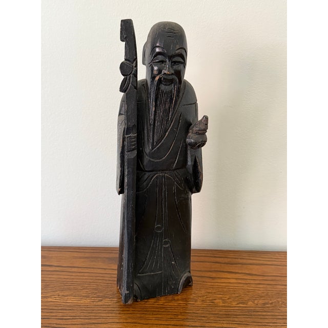 Large Antique Early 20th Century Chinese Wooden Shou Zing Statue, the Chinese God of Longevity For Sale - Image 12 of 12