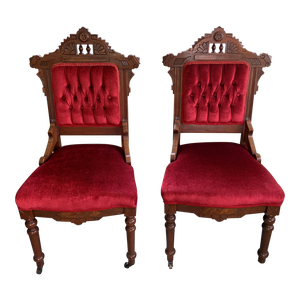 Pair of Late 19th Century Eastlake Walnut Velvet Victorian Chairs with 2 Front Wheels
