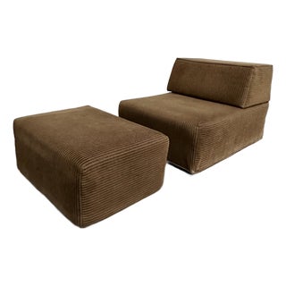 Set of Vintage Corduroy Lounge Chair and Ottoman, 1970s For Sale