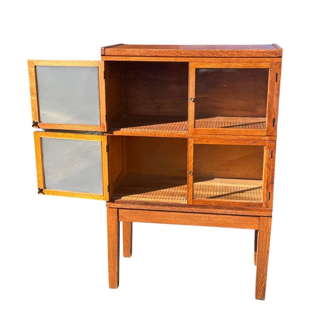Brown Antique Arts & Crafts Tiger Oak Four Section Haberdashery Display Cabinet Rare For Sale - Image 8 of 11
