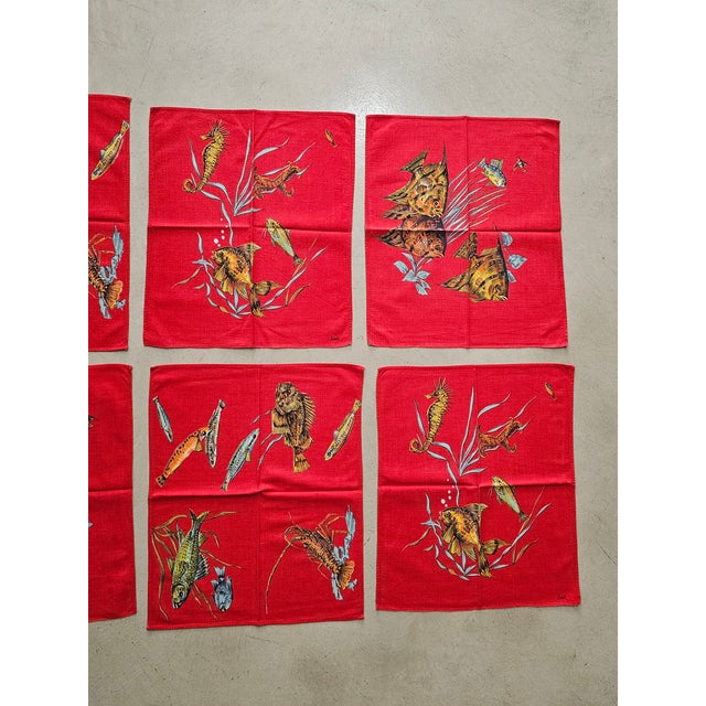 Aqua Vintage Marine Print Cotton Tablecloth and Napkins from Lintala, 1970s, Set of 9 For Sale - Image 8 of 11