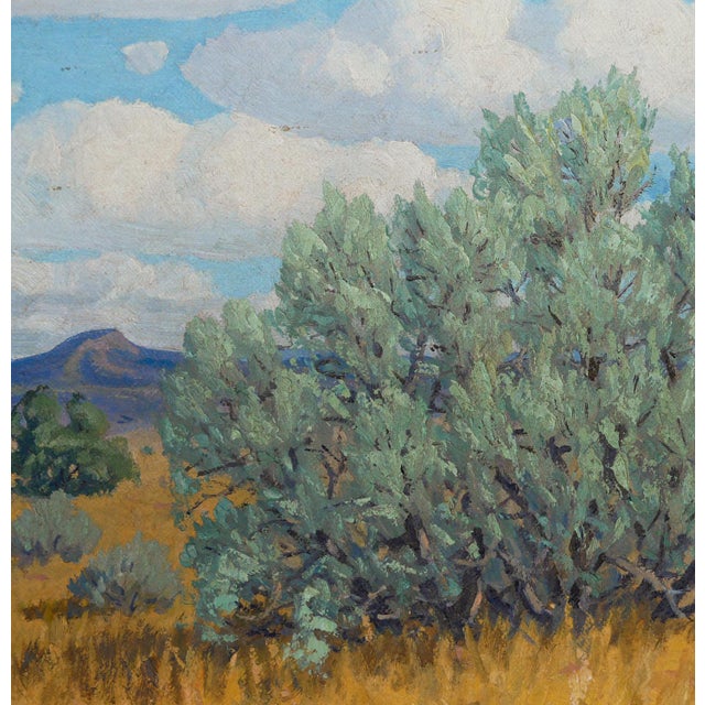 Green, yellow, and blue abstract impressionist Western landscape by Texas artist Fred Darge. The painting depicts an arid...
