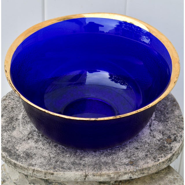 Vintage Cobalt Blue Glass Bowl Gold Rim Textured Pebble Art Glass For Sale In Philadelphia - Image 6 of 15