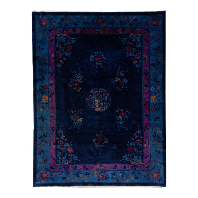 1920s Navy Blue Antique Chinese Art Deco Handmade Wool Rug With Floral Design For Sale