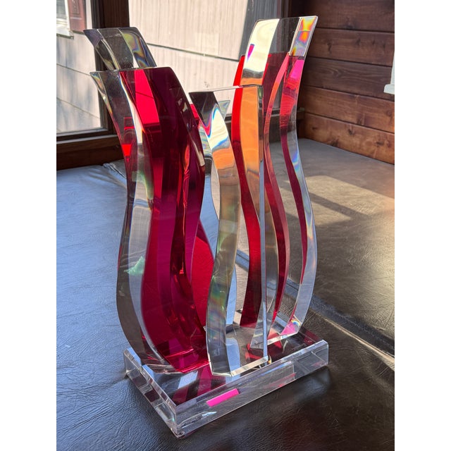 Contemporary Vintage David Muniz 23" Ruby Red & Clear Lucite Art Sculpture 1996, Signed. Rare For Sale - Image 3 of 14