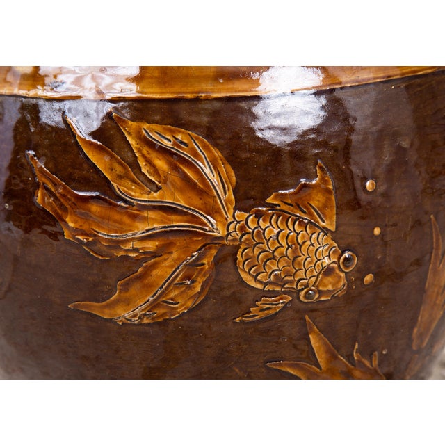 Mid 20th Century Mid Century Chinese Brown Glazed Martaban Pot With Goldfish Relief Design For Sale - Image 5 of 7