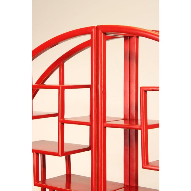 Wood Asian Style Red Painted Round Two Part Room Divider Etagere - A Pair For Sale - Image 7 of 12