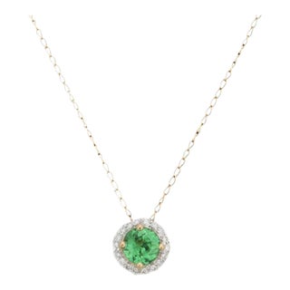 Halo Round Tsavorite Solitaire Necklace 18k Solid Yellow Gold For Sale