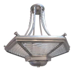 Small Art Deco Six Sided Glass and Aluminum Chandelier