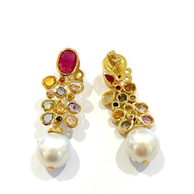 Bochic "Capri" Vintage Ruby & Multi Sapphire Earrings Set In 18K Gold & Silver For Sale In New York - Image 6 of 18