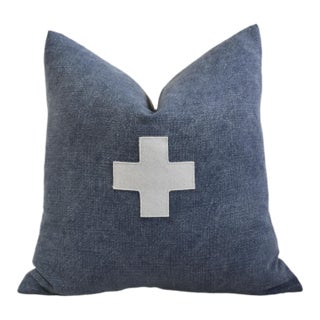 French Blue and Cream Appliqué Cross Wool & Linen Feather/Down Pillow For Sale