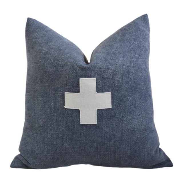 French Blue and Cream Appliqué Cross Wool & Linen Feather/Down Pillow For Sale