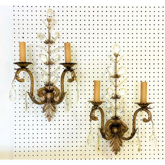 Fine Art Lamps 'Fine Art Lamps' Tole and Crystal Teardrop 2-Arm Wall Sconces- a Pair For Sale - Image 4 of 13