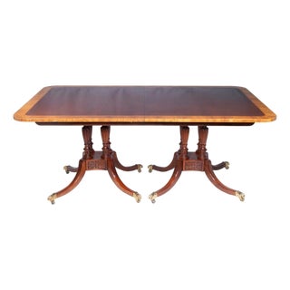 1980s Baker Historic Charleston Mahogany Two Pedestal Dining Table Satinwood Banding For Sale
