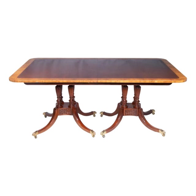 1980s Baker Historic Charleston Mahogany Two Pedestal Dining Table Satinwood Banding For Sale