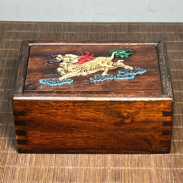 1970s Carved Wood Box With Bone Inlay Auspicious Beast Motif For Sale - Image 5 of 9