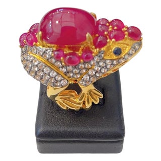 Bochic "Orient" Vintage Ruby & White Topaz Cocktail Ring - 18K Gold & Silver For Sale