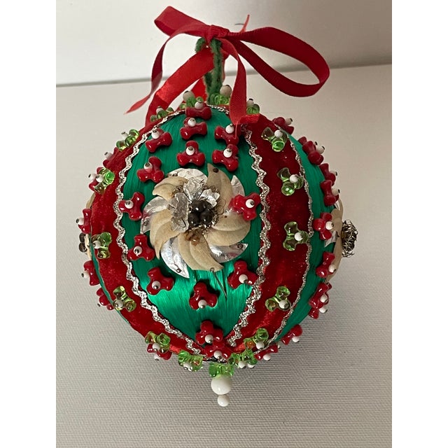 Gorgeous beaded Christmas 5” ball in red and green.