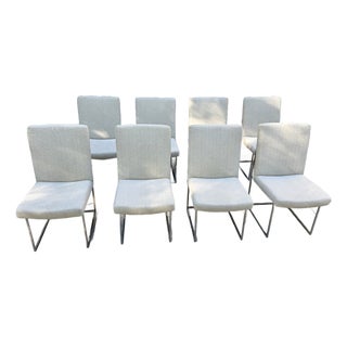 Set of 8 Milo Baughman for Thayer Coggin 1187 Dining Chairs – Soft Ivory/Cream/Greige & Polished Stainless For Sale