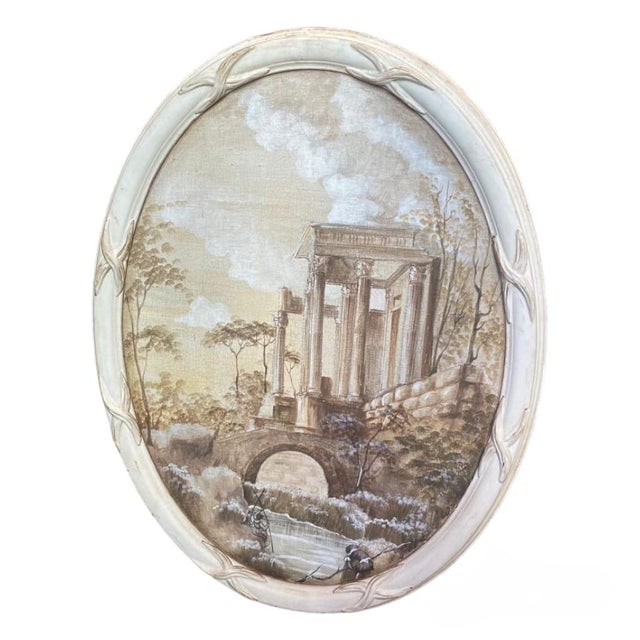 An Italian set of three oval-shaped oil paintings on canvas. All three paintings have oval-shaped wooden frames painted...