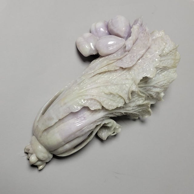 1970s 1970s Chinese Lavender and White Jadeite Carving of Bok Choy With Persimmons and Insects For Sale - Image 5 of 14