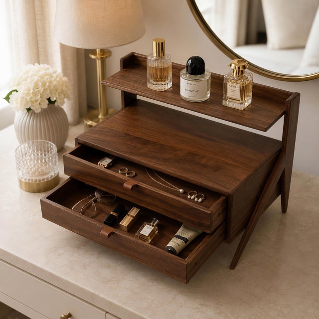Modern Perfume Tray With Drawers, Solid Walnut Vanity Organizer, Makeup Skincare Perfume Display Shelf For Sale - Image 3 of 10