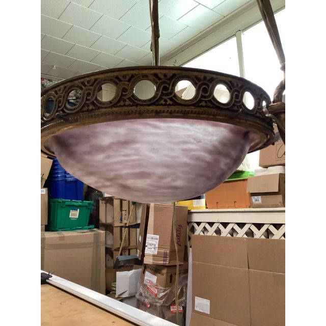 French 1930s French Art-Deco Chandelier W/Art Glass Dome For Sale - Image 3 of 11