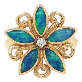 Mid 20th Century Kabana Fire Opal Diamond Ring in 14k Yellow Gold Flower Design Size 7.5 For Sale