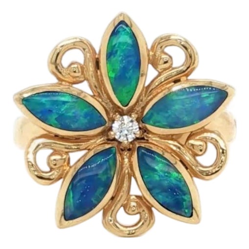 Mid 20th Century Kabana Fire Opal Diamond Ring in 14k Yellow Gold Flower Design Size 7.5 For Sale