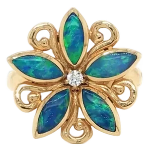 Mid 20th Century Kabana Fire Opal Diamond Ring in 14k Yellow Gold Flower Design Size 7.5