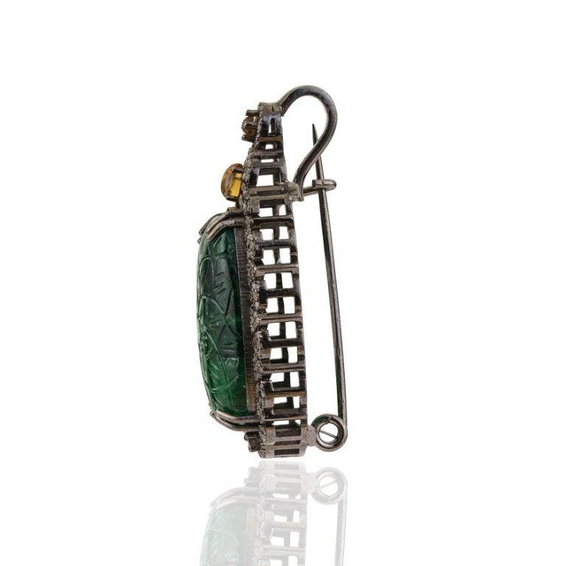 Art Nouveau Handcrafted Carved 20.85 Ct Emerald Brooch Pendant With Diamond Accents For Sale - Image 3 of 13