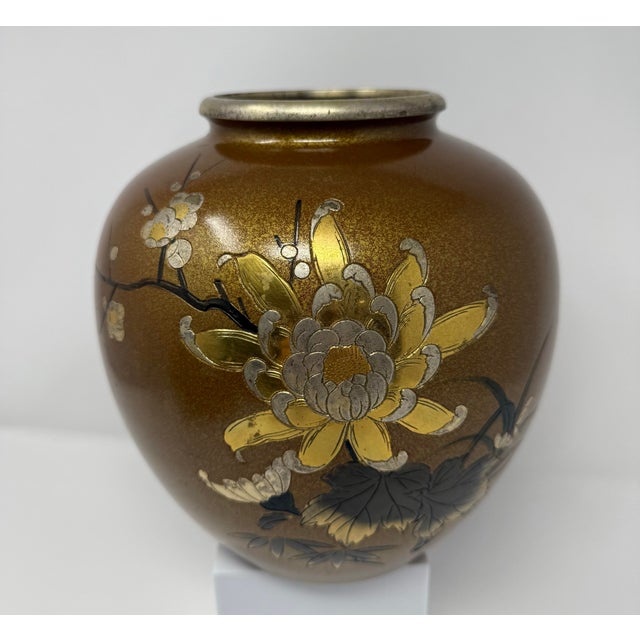 Mid 20th Century Mid 20th Century Japanese Mixed Metal Floral Vase, Gold Aventurine Ground, Signed, 8” For Sale - Image 5 of 12