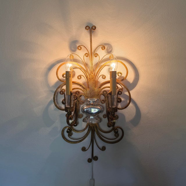 Two-Armed Wall Lamp in Iron and Crystal Glass in the style of Maison Baguès, France, 1950s For Sale - Image 6 of 15