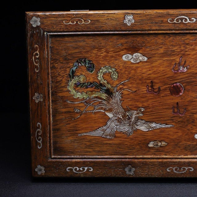 Wood Huali Rosewood Box Inlaid With Mother-of-Pearl Dragon & Phoenix For Sale - Image 7 of 9