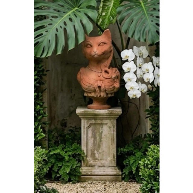 Terra Cotta Vintage Anthropomorphic Cat Bust Sculpture in Terracotta-Colored Reconstituted Stone For Sale - Image 8 of 8