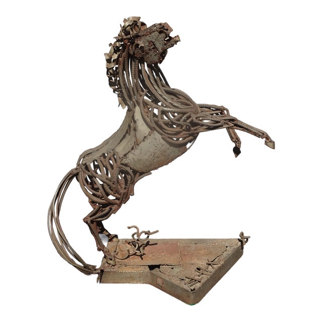37"Tall Vintage Mid Century Brutalist Welded Metal Horse Sculpture Statue Stand For Sale