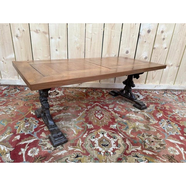 Traditional Coffee Table with Cast Iron Legs and Parquet Wood Top For Sale - Image 3 of 3