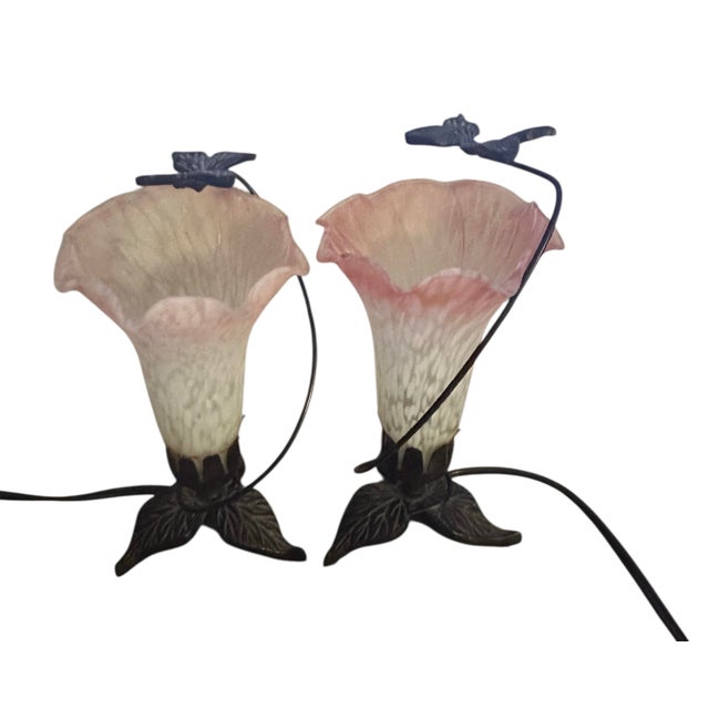 1980s Vintage Lily Lamps on Cast Iron Base - A Pair For Sale - Image 5 of 10