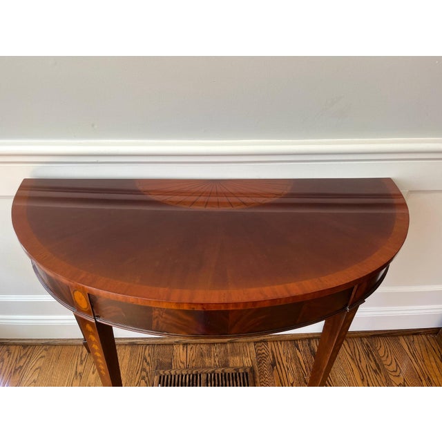 Hepplewhite Mid 20th Century Pair of Inlaid Demilune Hepplewhite-Style Console Tables For Sale - Image 3 of 9