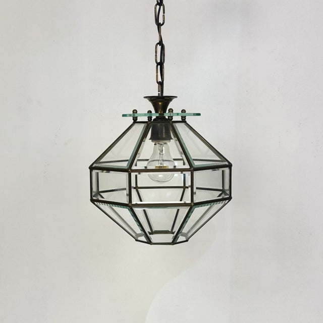 1950s Brass and Beveled Glass Pendant Light in the style of Adolf Loos for Fontana Arte, Italy, 1950s For Sale - Image 5 of 8