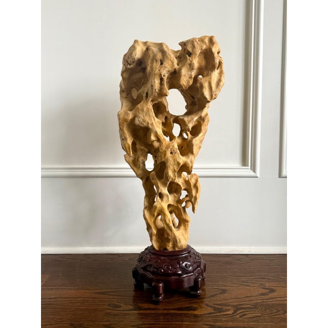 Extraordinary Large Chinese Scholar Rock Yellow Taihu Stone on Wood Stand For Sale - Image 11 of 18