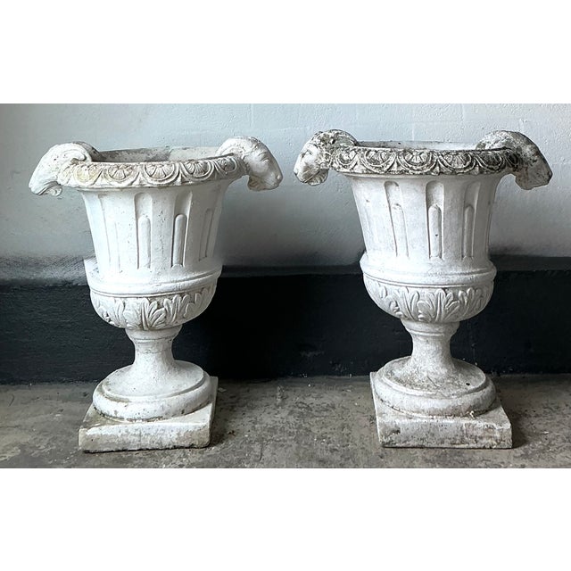 Classical form meets sculptural character in this pair of vintage cement ram's head planters. Each urn is cast in durable...