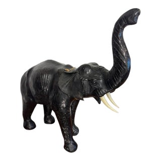 Mid 20th Century Leather Elephant Statue Safari Figure W/ Bone Tusks For Sale