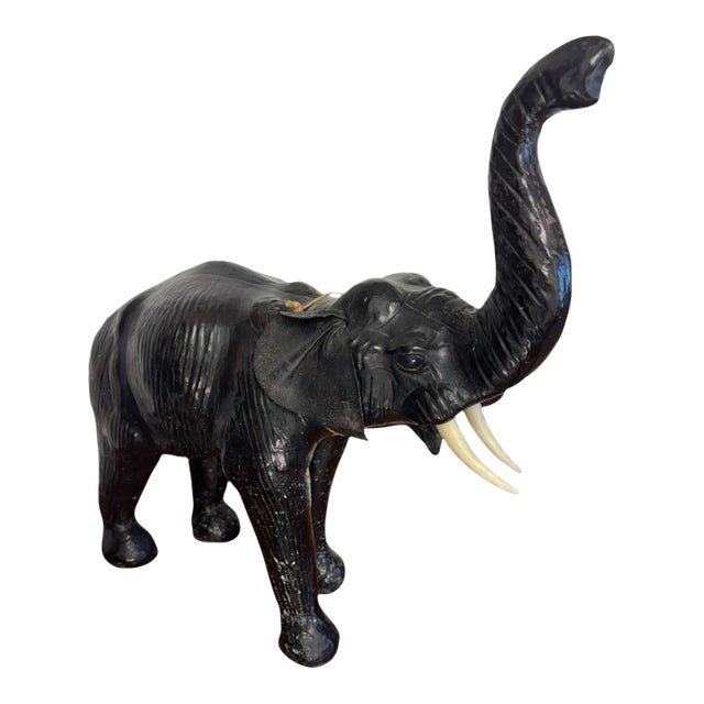Mid 20th Century Leather Elephant Statue Safari Figure W/ Bone Tusks For Sale