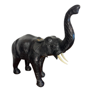 Mid 20th Century Leather Elephant Statue Safari Figure W/ Bone Tusks