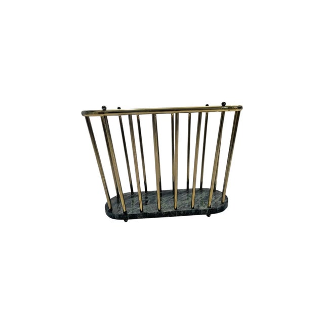 Metal Vintage Oval Green Marble and Brass Spindle Magazine Rack / Book Holder For Sale - Image 7 of 8